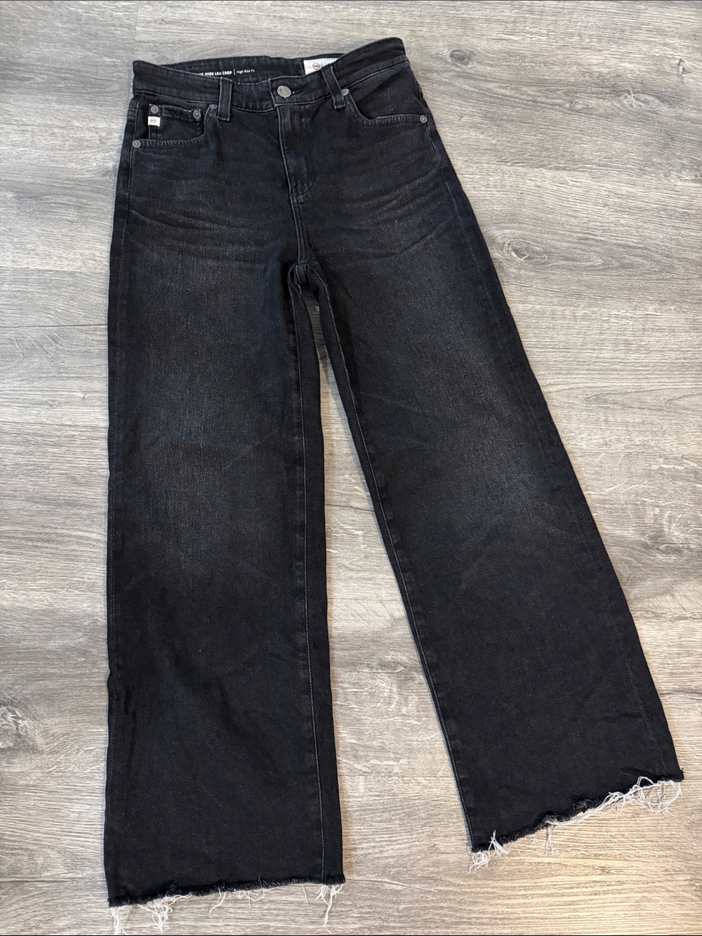 Ag Adriano Goldschmied Saige Wide Leg Crop High Rise Black Jeans Raw Hem Size 24